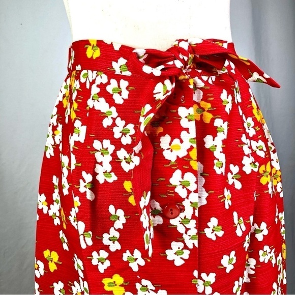 VINTAGE JCPenney barkcloth maxi skirt button front a-line bright red floral - Picture 2 of 5